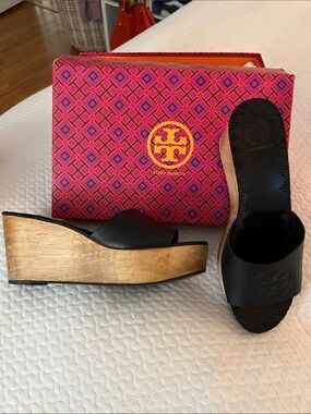 Tory Burch Black Leather Wood-Platform Slide Wedges